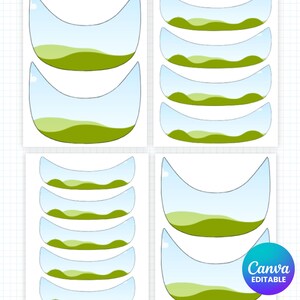 Puede incluir: Un conjunto de pegatinas con temática de paisaje, con un cielo azul y colinas verdes. Las pegatinas tienen forma curva y borde blanco. El logotipo de Canva es visible en la esquina inferior derecha.
