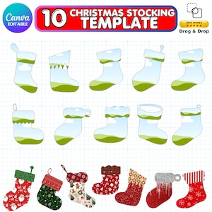 Könnte beinhalten: Eine digitale Vorlage mit 10 Weihnachtssocken-Designs. Die obere Reihe zeigt transparente Strümpfe mit grünen und weißen Akzenten. Die untere Reihe zeigt festliche Strümpfe mit verschiedenen Mustern, darunter Weihnachtsmann, Schneeflocken und Glitzer.