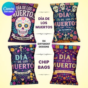 Bearbeitbare Chip-Beutelvorlage, Dia de los Muertos Party Favors, Zuckerschädel Leckerlibeutel, Fiesta Feier Dekor Digital