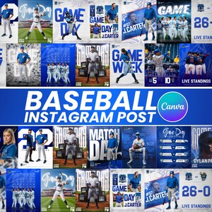 Pode incluir: Uma coleção de posts do Instagram com tema de beisebol em tons de azul e branco. Os posts apresentam jogadores de beisebol, gráficos do dia do jogo e o texto "BASEBALL INSTAGRAM POST" e "GAME DAY".
