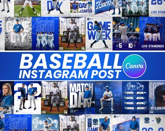 Oltre 20 modelli di social media per lo sport del baseball / Modelli Canva modificabili per partite di baseball e riflettori sui giocatori / Download immediato