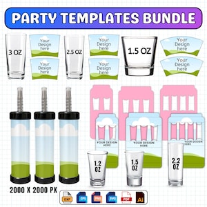 Può includere: Grafica di un pacchetto di modelli per feste con vari bicchieri e modelli di design. Include bicchierini, contenitori push pop e modelli decorativi. I bicchierini sono etichettati con dimensioni: 88,7 ml, 73,9 ml, 44,3 ml, 35,5 ml e 65,1 ml.