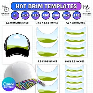 May include: Digital hat brim templates in various shapes and sizes. The image includes a baseball cap design, brim templates, and file format icons. The sheet is 21.59 x 30.48 cm. The Canva editable template is available.