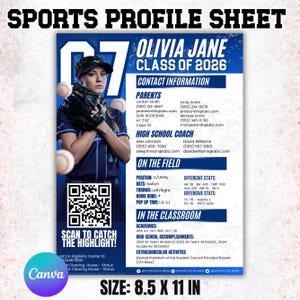 May include: A sports profile sheet for Olivia Jane, Class of 2026, featuring her photo in a baseball uniform. The 8.5 x 11 inch sheet includes contact information, high school coach details, on-field stats, and academic achievements. The sheet has a blue and white color scheme.
