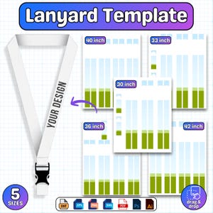 Op de afbeelding: Een witte lanyard met een zwarte sluiting en de tekst "YOUR DESIGN". De afbeelding toont een lanyard sjabloon met vijf maten: 76, 84, 91, 102 en 107 cm. De tekst "Lanyard Template" staat bovenaan.