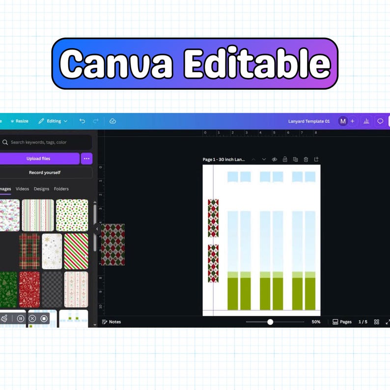 May include: A screenshot of a Canva design interface, featuring a lanyard template. The design area displays a layout with vertical rectangles and decorative elements. The text "Canva Editable" is in a blue and purple rounded rectangle.