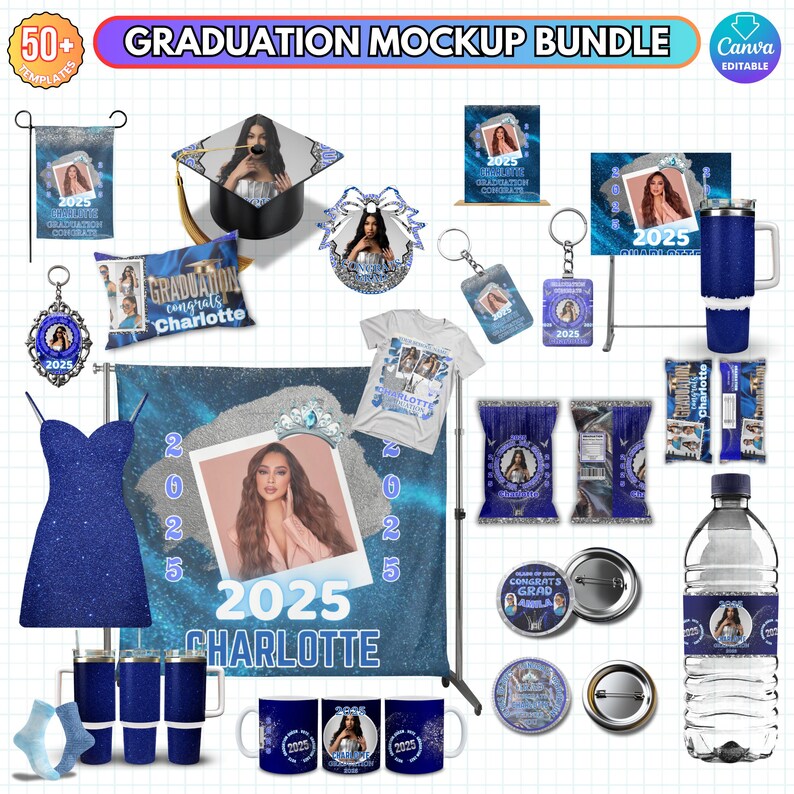 May include: A graduation party mockup bundle with a variety of items, including a banner, a t-shirt, a water bottle, a tumbler, a keychain, a graduation cap, a pillow, a bag of chips, a pin, a mug, and a dress. The items are all decorated with a blue and silver glitter design and the text "2025 Charlotte".