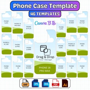Peut inclure: Graphique de modèle de coque de téléphone avec 46 designs différents. Les modèles incluent divers modèles de téléphones, tels que l'iPhone 15 Pro Max et l'iPhone 16 Pro Max. Le graphique comprend également des icônes de type de fichier pour DXF, EPS, SVG, PDF et Ai.