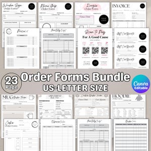 May include: A bundle of 23 order forms in US-Letter size, including forms for wooden signs, phone grips, and invoices. The forms are in black and white, with space for customer details and order information. Includes a "Scan to Pay" form.