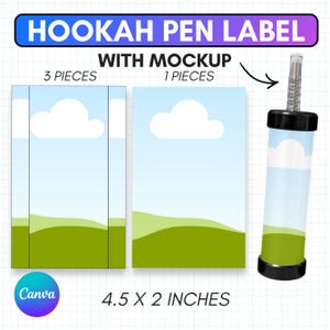May include: A mockup of a hookah pen label design, with the text "HOOKAH PEN LABEL" in blue and purple. The design includes two label mockups, one with three pieces and another with one piece. The labels are 4.5 x 2 inches.
