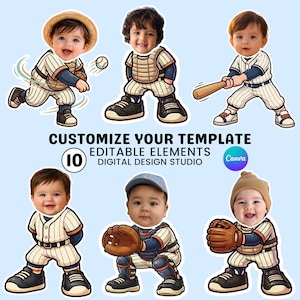 Puede incluir: Diseño digital con seis bebés de dibujos animados con uniformes de béisbol. Los bebés están en varias poses de béisbol, incluyendo batear, atrapar y lanzar. La imagen incluye el texto "CUSTOMIZE YOUR TEMPLATE" y "EDITABLE ELEMENTS".