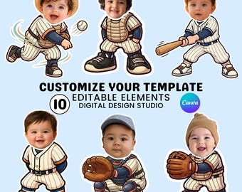 Baseball Add Your Own Face Photo Template, Kids Clip art, Sports Face Cutout, DIY Custom Cupcake Topper, Canva Editable