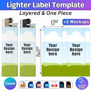 May include: A digital lighter label template featuring two lighter mockups and a flat design layout. The template includes text reading Lighter Label Template, Layered & One Piece, and +2 Mockups. Dimensions are marked as 1 inch by 2.8 inches.
