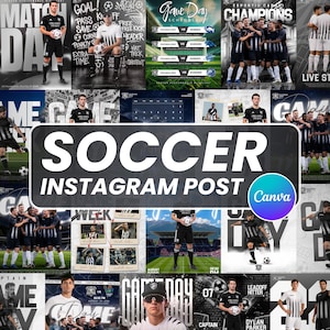 May include: A digital collage of football-themed Instagram post templates featuring various layouts, including player portraits in black and white kits, match day schedules, game day graphics, and team photos with bold typography and football imagery.