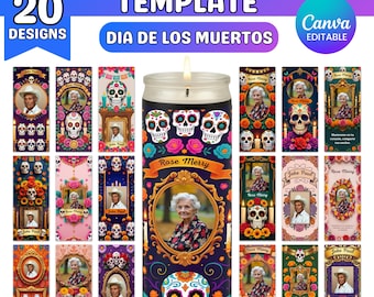 Dia De Los Muertos, Editable Candle Label Template for Day of the Dead, 12 Day of the Dead Candle Labels, Tall Cylinder Altar Decor Stickers