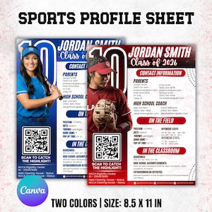 Sports Profile Sheet Template, Athlete Player Information Sheet, Sports Recruiting Card, Softball Player, Athletic Resume, Sports Resume