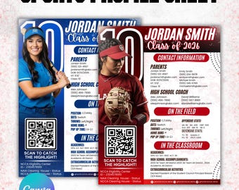 Sports Profile Sheet Template, Athlete Player Information Sheet, Sports Recruiting Card, Softball Player, Athletic Resume, Sports Resume