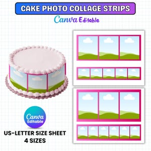 May include: A cake with a sky and landscape design, and photo collage strips. The cake has a pink top and a blue and green landscape design around the sides. The image also includes Canva Editable text and US-LETTER SIZE SHEET 4 SIZES text.