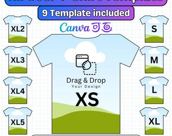 All Over T-Shirt Canva Template, All Over T-Shirt Sublimation Blank Template Drag Drop, 7 Formats And 9 Sizes Ready All Over Shirt Template