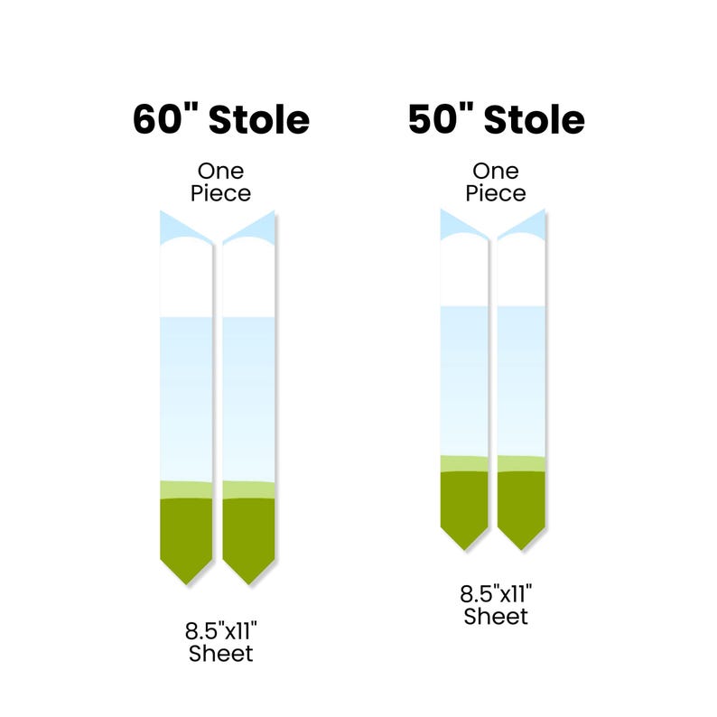 May include: Diagram showing two different sizes of stoles, a 60-inch stole and a 50-inch stole. Both stoles are made of two pieces of fabric, each measuring 8.5 inches by 11 inches.