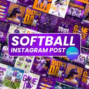 Puede incluir: Un collage digital de plantillas para publicaciones de Instagram sobre s&oacute;ftbol con esquemas de color morado y amarillo. Los dise&ntilde;os muestran a varias jugadoras de s&oacute;ftbol en acci&oacute;n, calendarios de juegos y momentos destacados con el texto SOFTBALL INSTAGRAM POST.