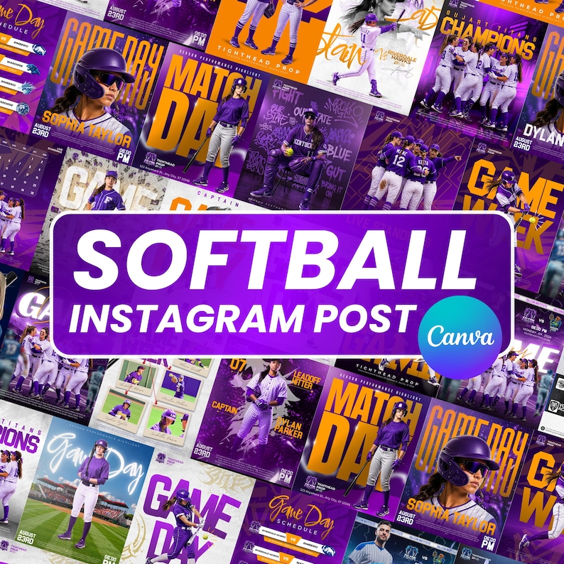 Puede incluir: Un collage digital de plantillas para publicaciones de Instagram sobre s&oacute;ftbol con esquemas de color morado y amarillo. Los dise&ntilde;os muestran a varias jugadoras de s&oacute;ftbol en acci&oacute;n, calendarios de juegos y momentos destacados con el texto SOFTBALL INSTAGRAM POST.