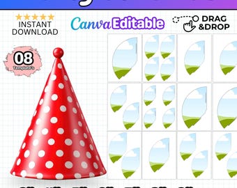 Party Cone Hat Template Bundle Editable Canva Party Hat Template, DIY Printable Party Cone Hat, 8 Size Hat Template, Birthday Hat Template