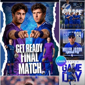 May include: A promotional sports poster featuring two soccer players in purple and blue jerseys pointing forward. The text reads GET READY FINAL MATCH. Smaller images show a team in blue, a player named Miller Jason, and a captain in blue.