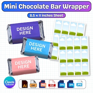 May include: Three mini chocolate bar wrappers in purple, light blue, and pink with the text DESIGN HERE, alongside two sheets of printable labels featuring a blue sky and green grass pattern, sized for an 8.5 x 11 inches sheet format.