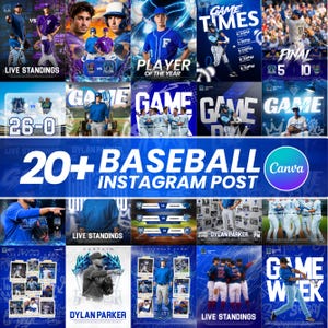 Könnte beinhalten: Eine Sammlung von über 20 Instagram-Post-Vorlagen zum Thema Baseball in Blau- und Weißtönen. Die Designs umfassen Spielzeiten, Spielerporträts, Live-Tabellen und den Text "20+ BASEBALL INSTAGRAM POST" und "Canva".