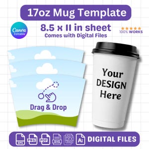 Modelo de caneca de viagem Dollar Tree de 17 onças, envoltório completo para xícara de café, modelo de caneca de café, sublimação de xícara de café de viagem editável