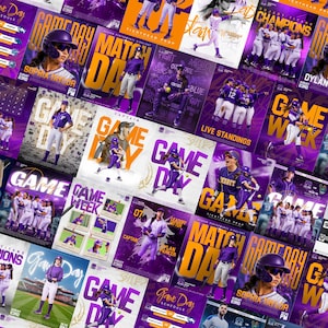 Puede incluir: Un collage de gr&aacute;ficos deportivos con jugadoras de s&oacute;ftbol en uniformes morados y blancos, con textos superpuestos en negrita como Game Day, Match Day y Champions, mostrando varias tomas de acci&oacute;n de atletas en un campo en tonos morados.