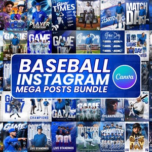 Op de afbeelding: Een verzameling Instagram-berichten met honkbalthema's in blauw en wit. De berichten bevatten wedstrijdschema's, spelersprofielen en live klassementen. De centrale afbeelding luidt "Baseball Instagram Mega Posts Bundle" met het Canva-logo.
