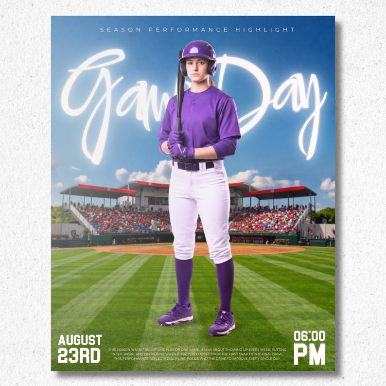 Puede incluir: Un jugador de b&eacute;isbol con camiseta morada, pantalones blancos, calcetines morados y casco morado, sosteniendo un bate negro. El fondo muestra un estadio con el texto SEASON PERFORMANCE HIGHLIGHT, Game Day, AUGUST 23RD y 06:00 PM.