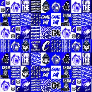 May include: A blue and white patterned fabric featuring repeating sports-themed graphics including a bulldog mascot, football helmets, footballs, and text such as OWN THE MOMENT, CHAMPIONS, GAME DAY, LET'S GO INDIANS, and CAPTURE THE GREATNESS.