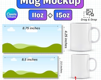 Makieta kubka Canva 11 uncji i 15 uncji z funkcją przeciągania i upuszczania, szablon kubka Canva 11 uncji, szablon makiety kubka Canva 15 uncji, makieta kubka do kawy, natychmiastowe pobieranie