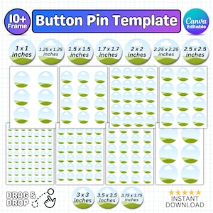 Puede incluir: Una plantilla digital de chapas con el texto Button Pin Template, 10+ Frame y Canva Editable. El diseño muestra varios tamaños de chapas circulares que van de 2,54x2,54 cm a 9,53x9,53 cm, con varias hojas que muestran disposiciones en cuadrícula.