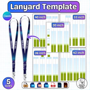 Puede incluir: Un conjunto de plantillas digitales de cordones con dos cordones de degradado azul con el texto 'YOUR DESIGN' y cinco hojas de diseño imprimibles etiquetadas de 30, 33, 36, 40 y 42 pulgadas. Incluye iconos para archivos DXF, EPS, PNG, SVG, PDF, Ps y Ai.