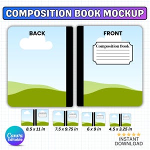 Plantilla de maqueta de cuaderno de composición (arrastrar y soltar), para regreso a clases, portada de cuaderno escolar, plantilla de Canva de descarga instantánea