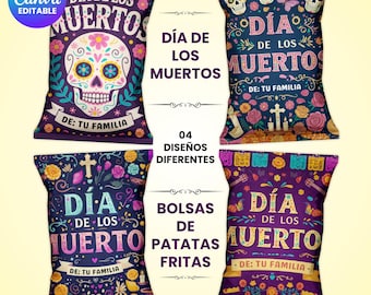 Editable Day of the Dead Chip Bag Template, Dia de los Muertos Party Favors, Sugar Skull Treat Bag, Fiesta Celebration Decor Digital