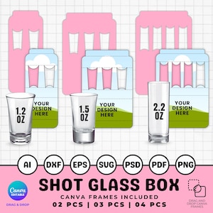 Pode incluir: Copos de shot transparentes de 35 ml, 44 ml e 65 ml são exibidos com designs de caixa rosa e branca. A imagem inclui o texto "SHOT GLASS BOX" e "CANVA FRAMES INCLUDED". Formatos de arquivo como AI, DXF, EPS, SUG, PSD, PDF e PNG também são mostrados.
