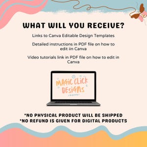 Puede incluir: Un gr&aacute;fico de producto digital con un port&aacute;til que muestra el texto MAGIC CLICK DESIGNS. El texto dice WHAT WILL YOU RECEIVE?, Links to Canva Editable Design Templates, Detailed instructions in PDF file y Video tutorials link.