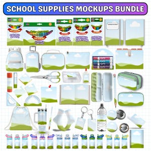 すべての学校用品モックアップテンプレートバンドル、ドラッグアンドドロップ、新学期バンドル、ノートブック、タンブラーモックアップ、クレヨンボックスモックアップ、幾何学、スクールバッグ