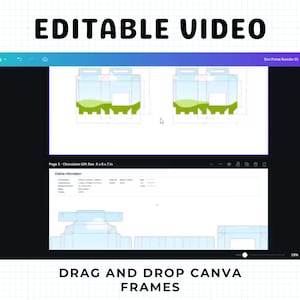 May include: A digital design featuring a box purse bundle with the text "EDITABLE VIDEO" and "DRAG AND DROP CANVA FRAMES". The design includes a diagram of a chocolate gift box, measuring 20.3 x 20.3 x 5.1 cm.