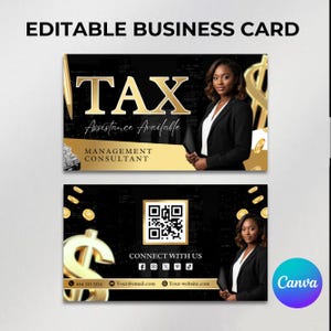 Può includere: Design di biglietto da visita modificabile con un tema nero e oro. La carta presenta la parola "TAX" in grandi lettere dorate, con "Assistance Available" sotto. È raffigurata una donna professionista in giacca. Include informazioni di contatto e un codice QR.