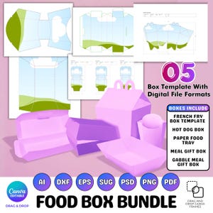 Könnte beinhalten: Grafik eines Food Box Bundles mit rosa und lila Food-Box-Vorlagen, darunter Pommes Frites, Hotdog- und Essensgeschenkboxen. Das Bild zeigt auch digitale Dateiformate und den Text "FOOD BOX BUNDLE".