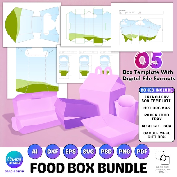 Food Box Templates Bundle, French Fries Box, Hot dog Box, Food Tray Template, Gable Meal Gift Box, Food Box SVG, Canva Template