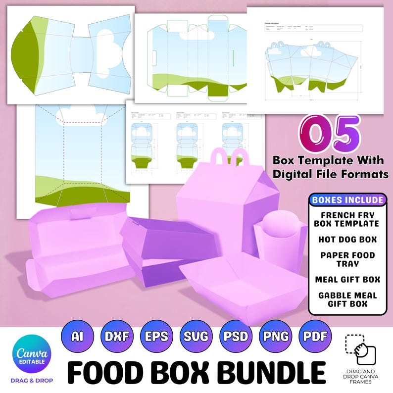 May include: An image of a Food Box Bundle, featuring pink and purple food box templates for items like French fries and hot dogs. The image includes digital file formats and the text "FOOD BOX BUNDLE".