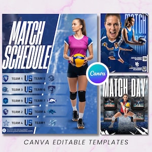 May include: A volleyball-themed graphic with a match schedule, team logos, and a woman holding a volleyball. The image includes the text "MATCH SCHEDULE" and "CANVA EDITABLE TEMPLATES". Additional graphics show volleyball players in action.