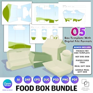 Könnte beinhalten: Eine Sammlung von Lebensmittelbox-Vorlagen, darunter Pommes Frites-, Hotdog- und Essensboxen. Das Bild zeigt digitale Dateiformate und den Text "FOOD BOX BUNDLE". Die Vorlagen sind in einem hellgrünen und weißen Farbschema gehalten.